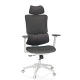 Grey Home Office Chair ERGOMY WF with fabric upholstery, white frame and five-caster base by MyBuero – 360-degree view (front view 15°)