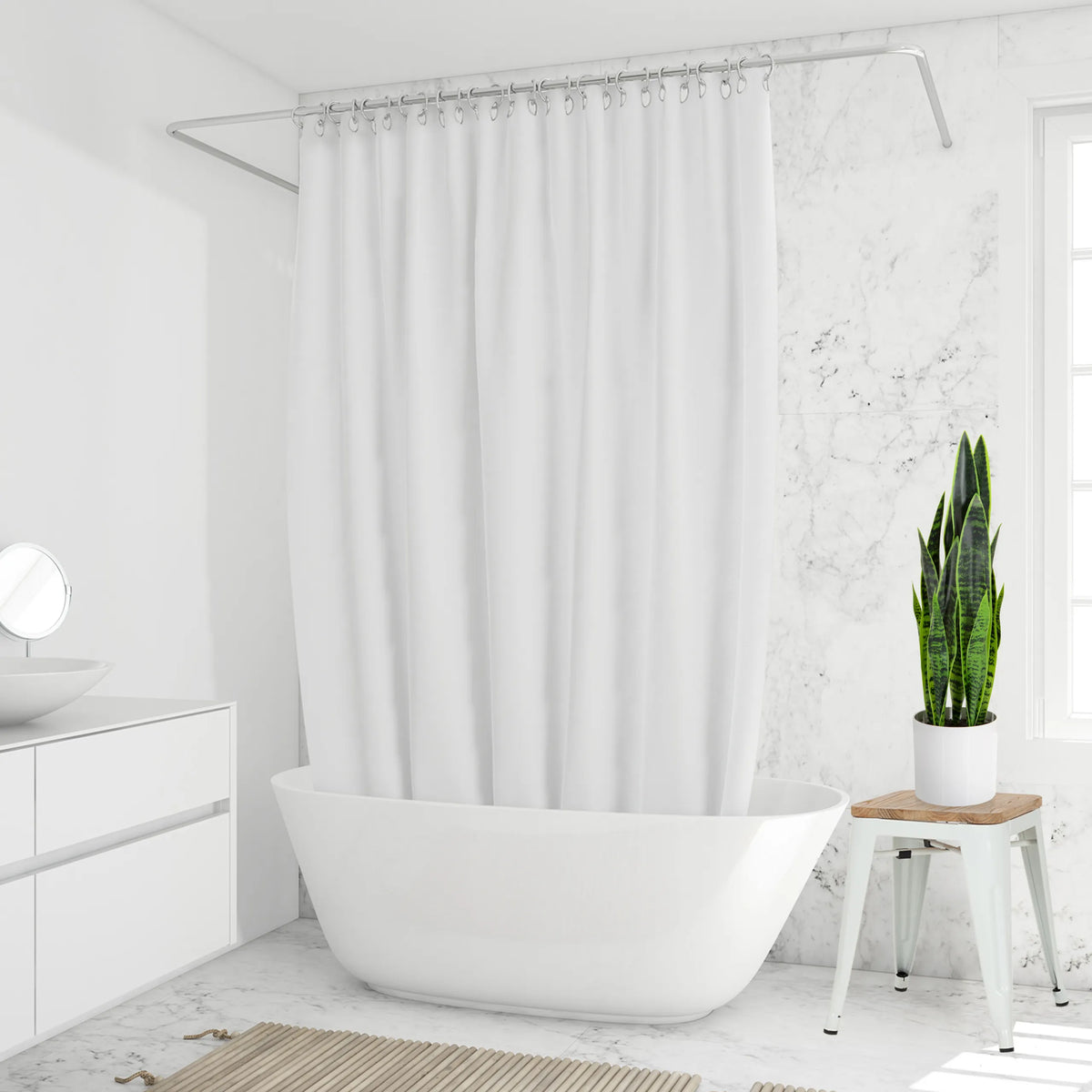Green Artificial plant SANSEVIERIA in a white pot on a small stool by hjh OFFICE