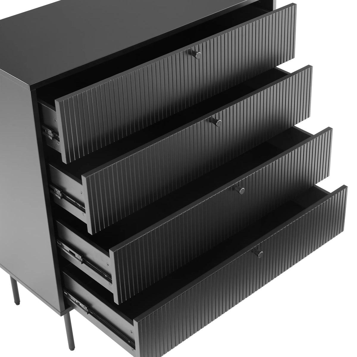 Opened drawers with ribbed fronts of the Chest of drawers KARBY K in black by hjh LIVING