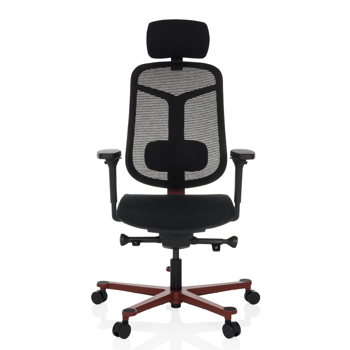 Black high end office chair BICOLORE HIGH with mesh back, headrest and red five-caster base by hjh OFFICE – 360-degree view (front view 0°)