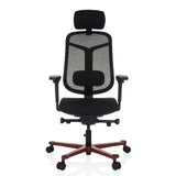 Black high end office chair BICOLORE HIGH with mesh back, headrest and red five-caster base by hjh OFFICE – 360-degree view (front view 0°)