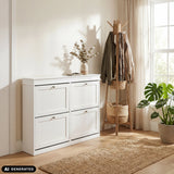 White Estha 40 shoe cabinet with four drop-down compartments and silver-coloured handles by hjh LIVING (AI-generated image)