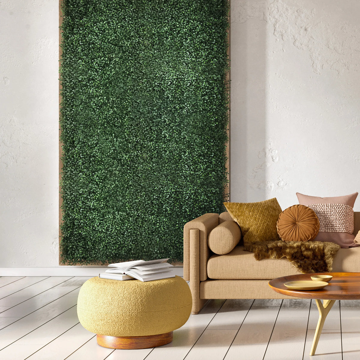 Green Plant mat LEAFLUXE 1 as vertical wall decoration in a living room by hjh LIVING
