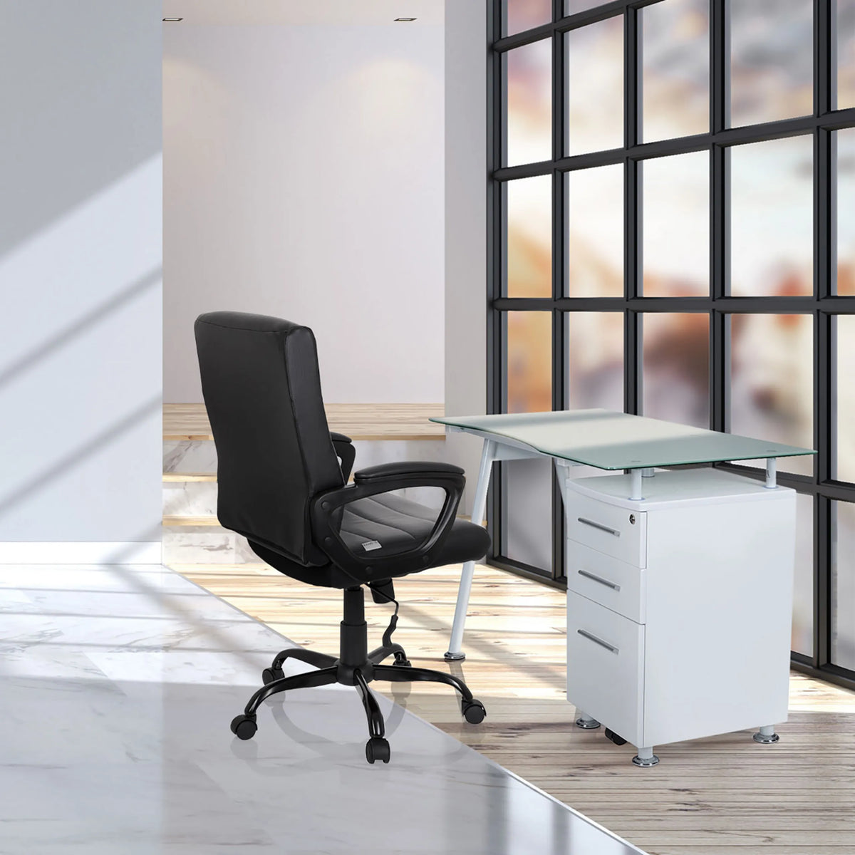Home Office Executive Chair ERGOSMOOTH BIG in black at a white desk with a glass top by hjh OFFICE