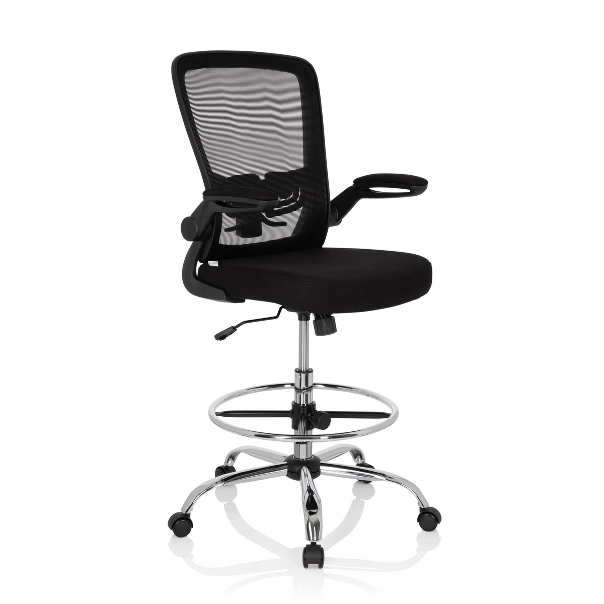 Black Counter chair VENDO WORK with mesh back, foot ring and five-caster base by hjh OFFICE – 360-degree view (front three-quarter view 38°)