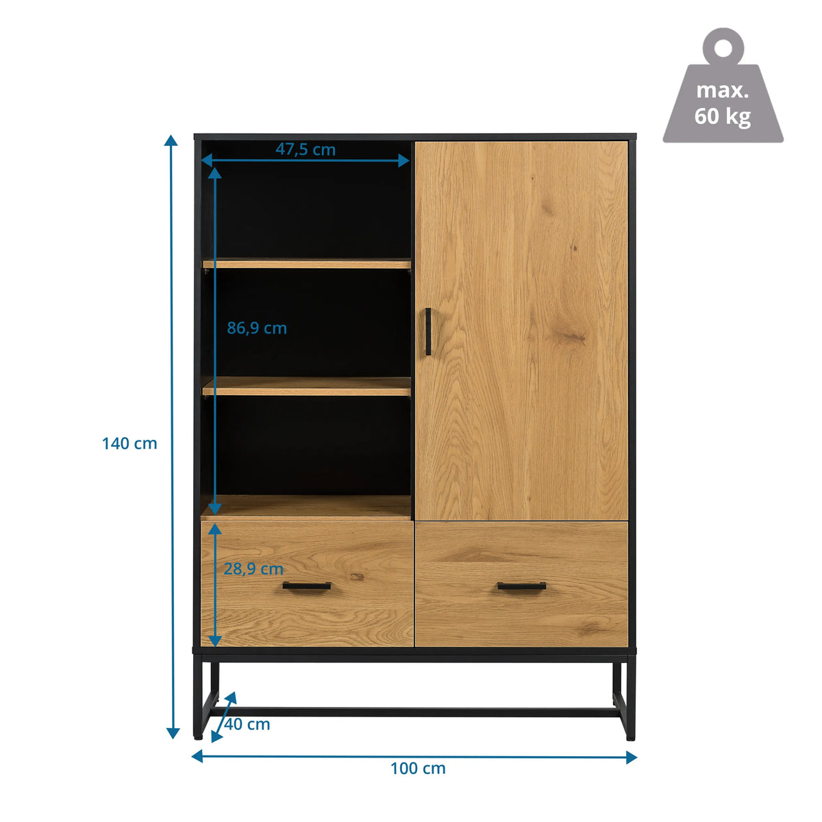 Dimensional drawing of the Office cabinet AMIO H with 100 × 140 cm by hjh LIVING