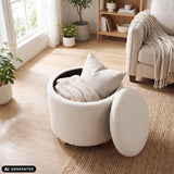 White upholstered stool Storiano S with storage, filled with blankets and cushions by hjh LIVING (AI-generated image)