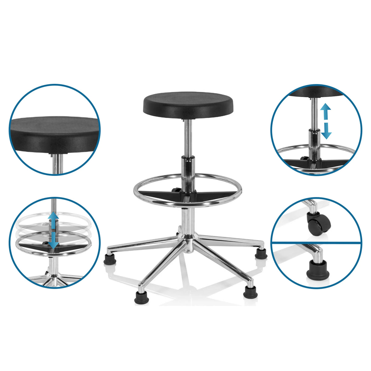 Height-adjustable swivel stool TOP WORK 14 I in black with footring and choice of glides or castors by hjh OFFICE