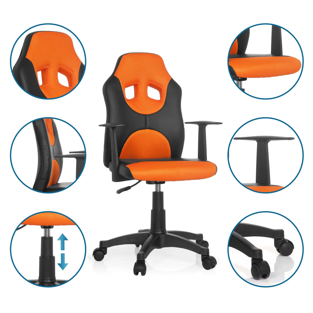 Swivel Chair – Children KID GAME AL in black-orange with detailed views of the armrests, gas spring and castors by hjh OFFICE