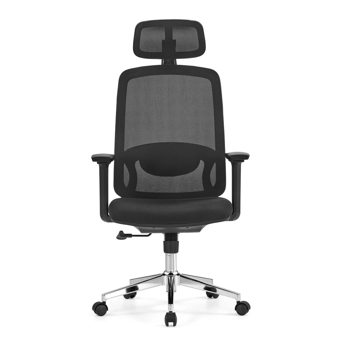 Black Professional Office Chair Ergosento with mesh back, headrest and a five-caster base by hjh OFFICE – 360-degree view (front view 0°)