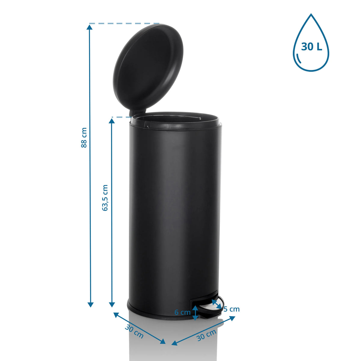 Dimensional drawing of the CLEAN STEP wastepaper with a 30 litre volume and 88 cm total height by hjh OFFICE