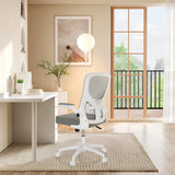 Grey BELIO W home office chair with mesh backrest and white armrests in a bright room by hjh OFFICE