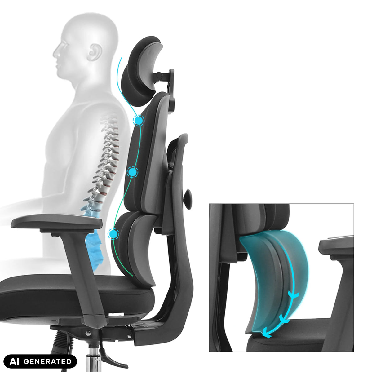 Lumbar support and headrest of the Ergomy F 2 Professional Office Chair by hjh OFFICE (AI-generated image)