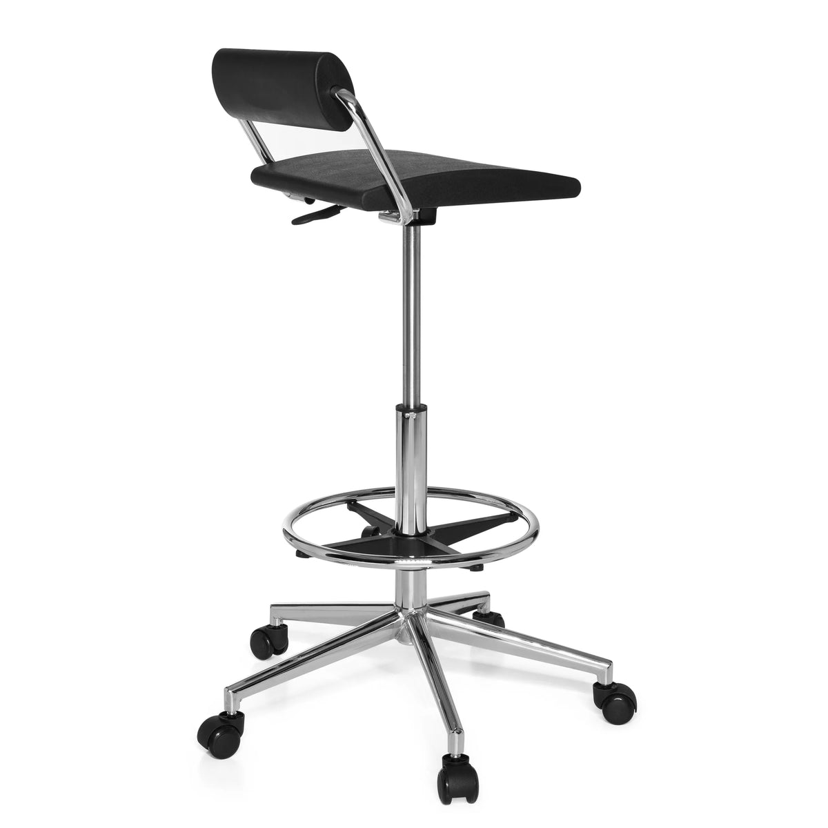 Black Swivel stool TOP WORK 28 with foot ring and five-caster base by hjh OFFICE – 360-degree view (rear three-quarter view 120°)