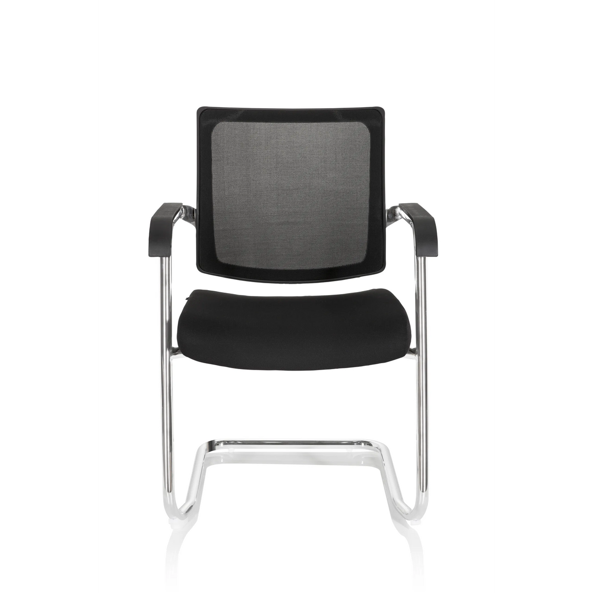 Black Cantilever chair LEVIA V with mesh back, armrests and sled base by hjh OFFICE – 360-degree view (front view 0°)