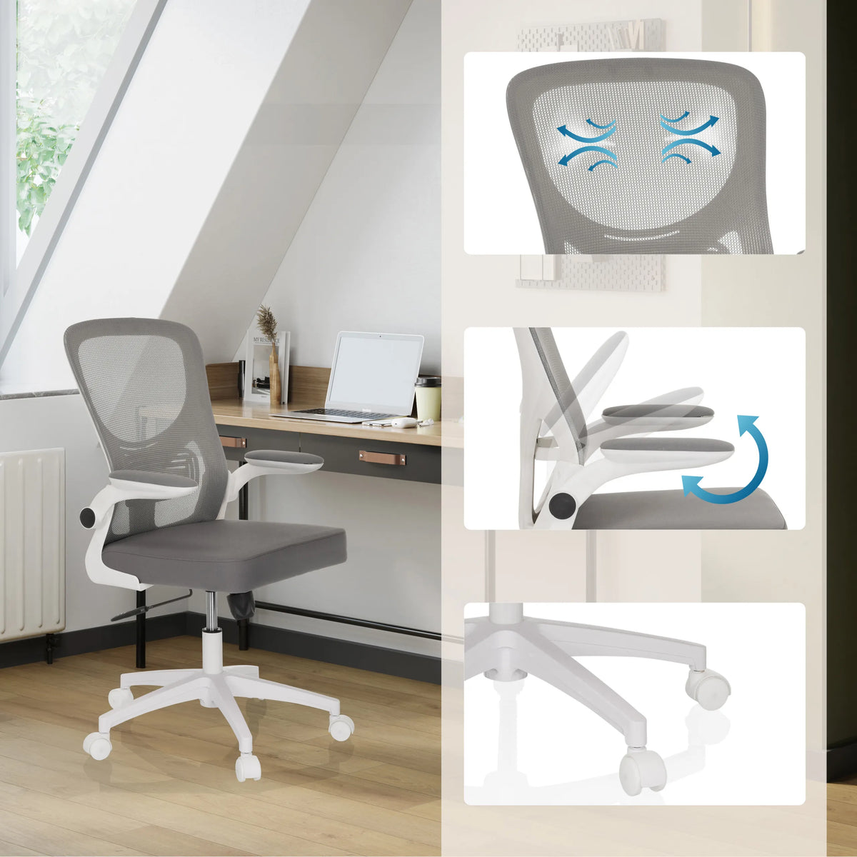 Grey BELIO W Home Office Chair with mesh back, adjustable armrests and castors by hjh OFFICE