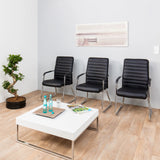 Three black STEEL V guest chairs with horizontal stitching and chrome armrests by hjh OFFICE