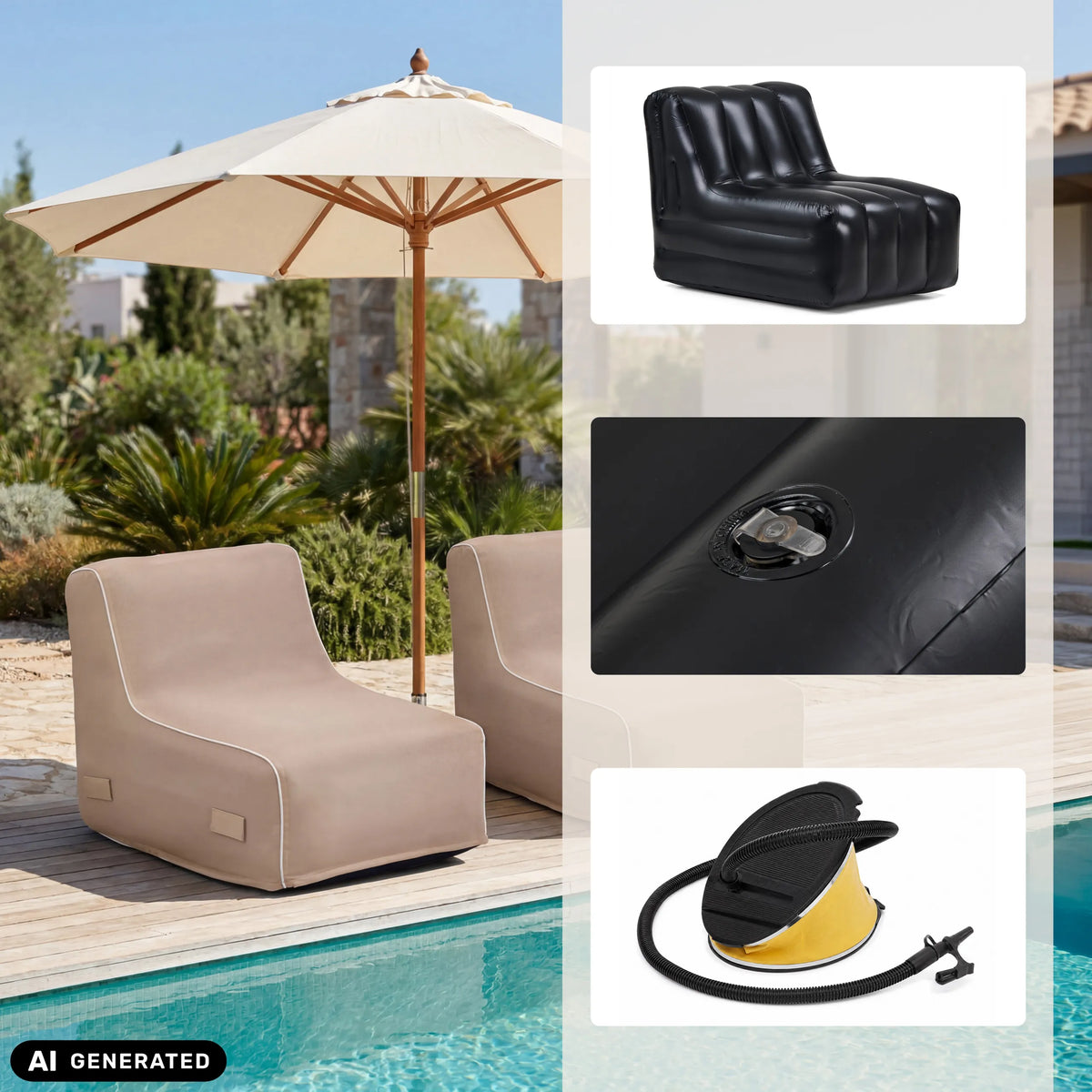 Sitzolo Air inflatable sofas in beige and black with air pump and valve by hjh LIVING (AI-generated image)