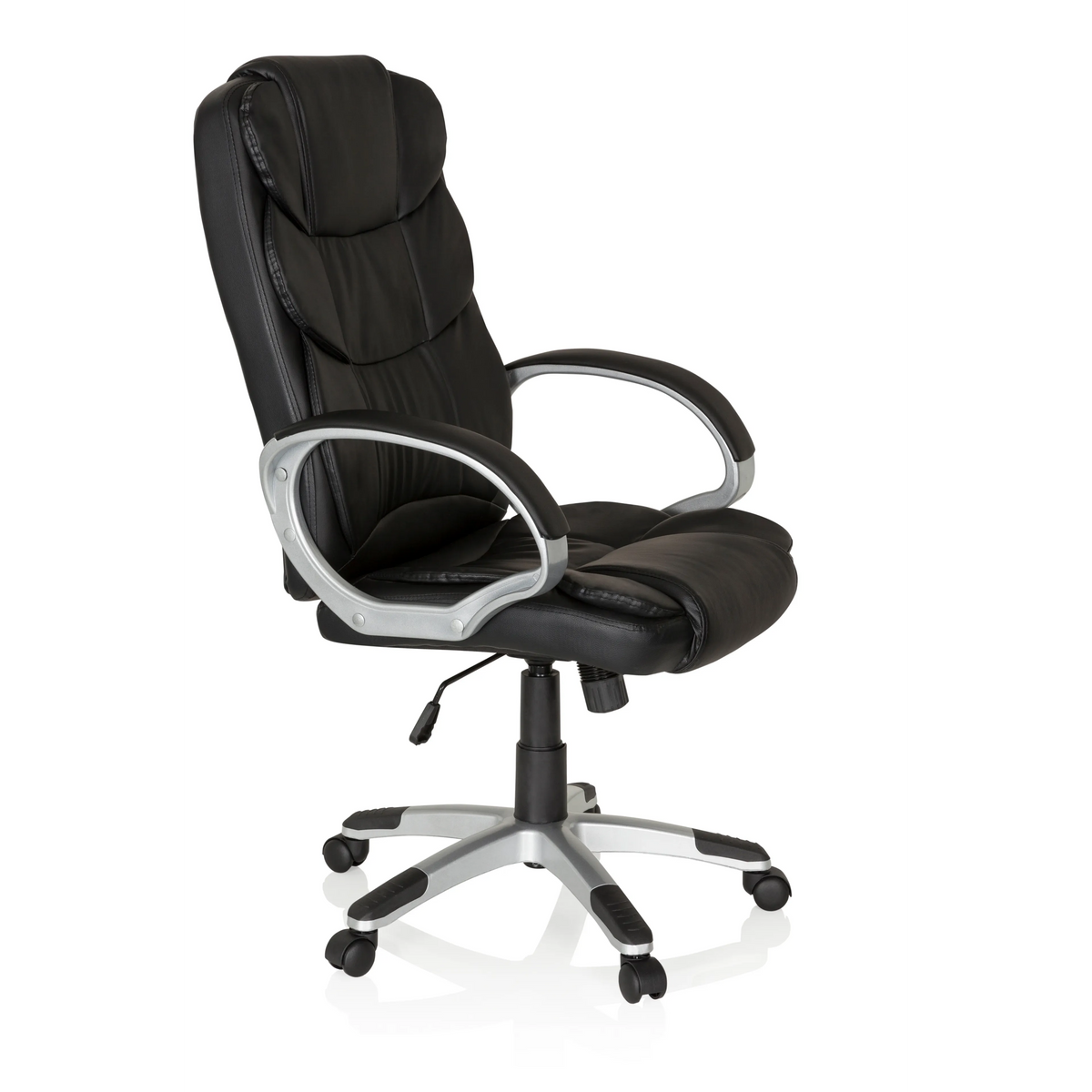 Schwarzer Homeoffice Chefsessel RELAX BY155 mit Armlehnen und Fußkreuz mit fünf Rollen von MyBuero – 360-Grad-Ansicht (schräge Frontansicht 60°)