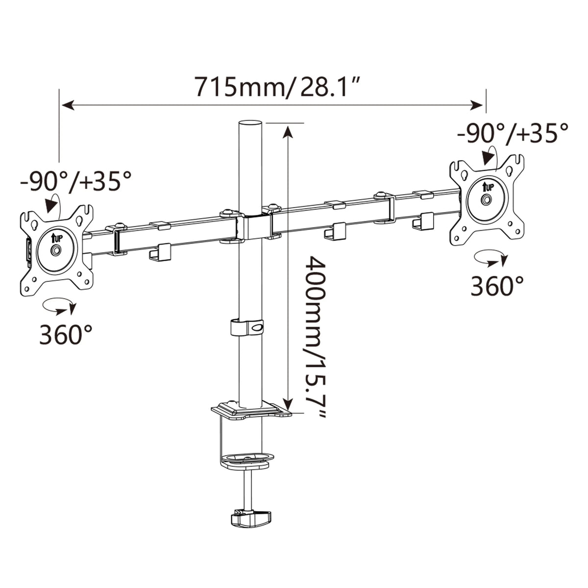 Technical drawing of the Monitor Mount Ergomount M2 with a width of 715 mm by hjh OFFICE