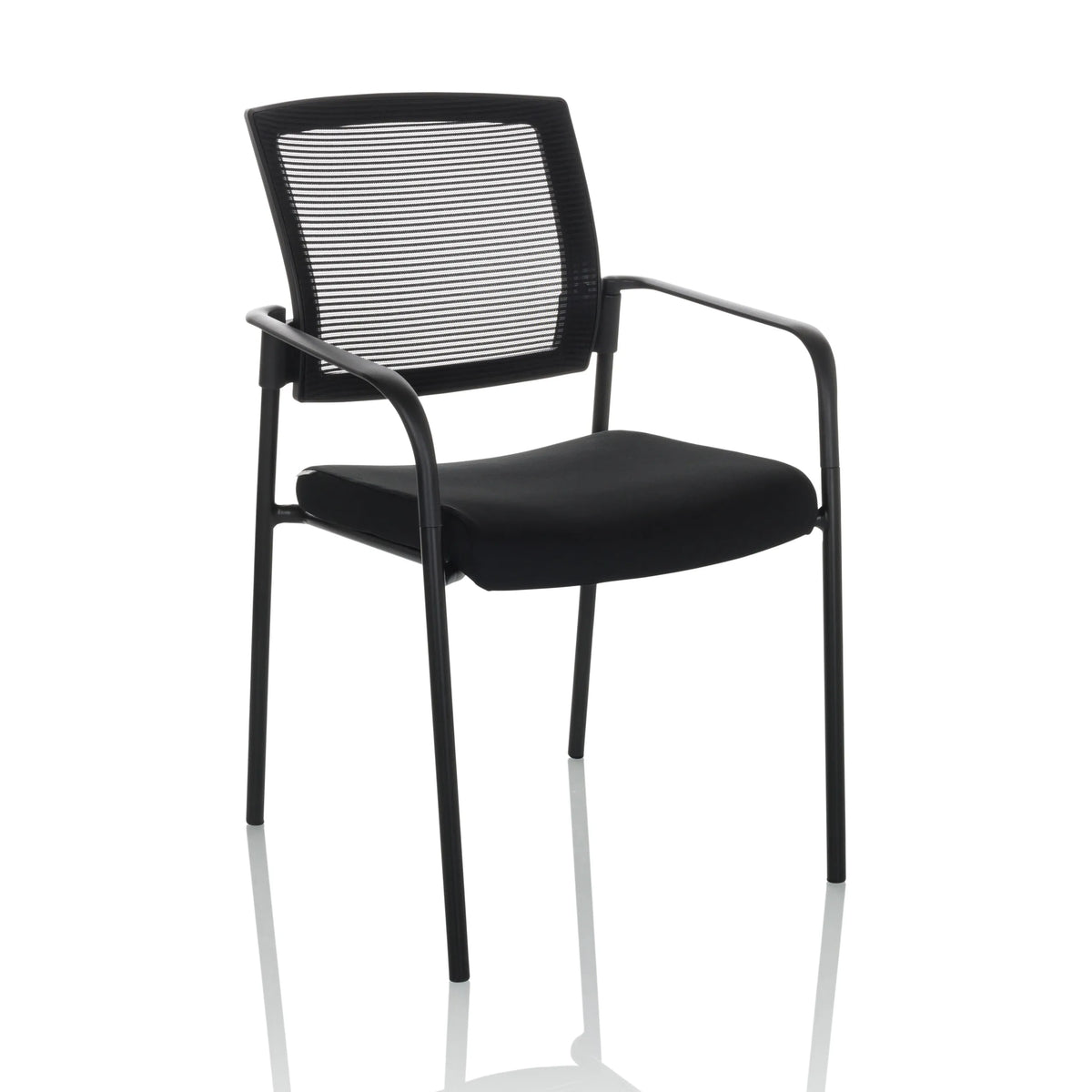 Black guest chair MEET B with mesh back, armrests and four legs by hjh OFFICE – 360-degree view (front three-quarter view 30°)