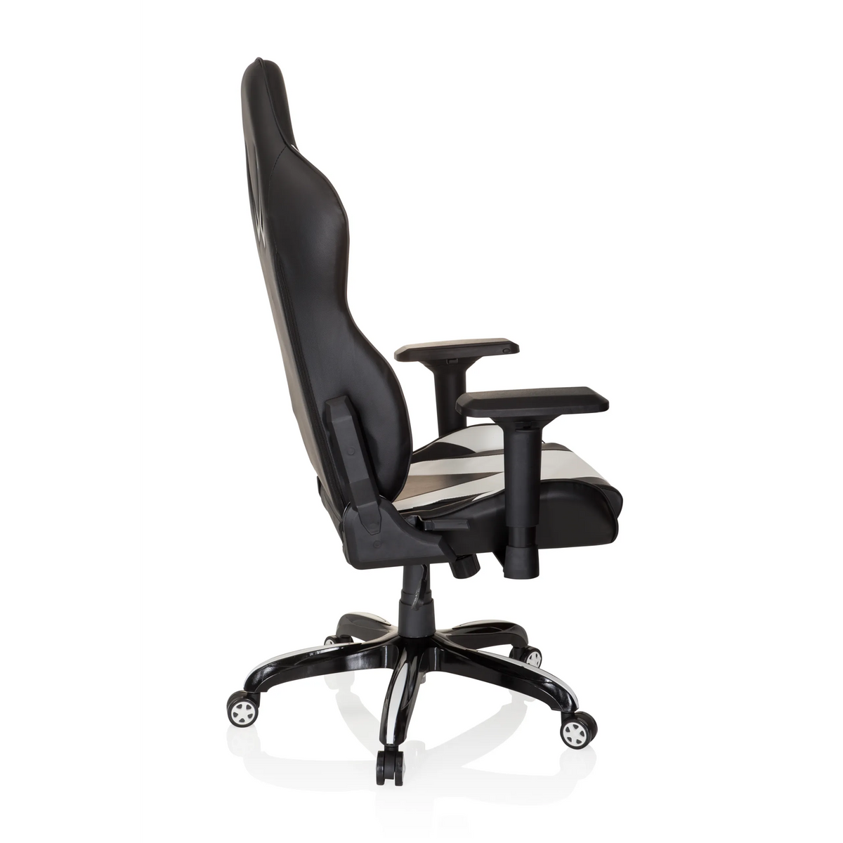 Black and white Gaming chair PROMOTER I with armrests and a five-caster base by hjh OFFICE – 360-degree view (side profile 100°)