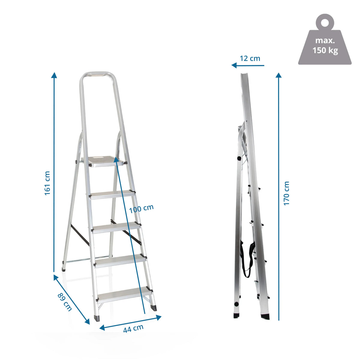 Dimensional drawing of the Folding Ladder SOLID III with a height of 170 cm and a load capacity of 150 kg by hjh OFFICE
