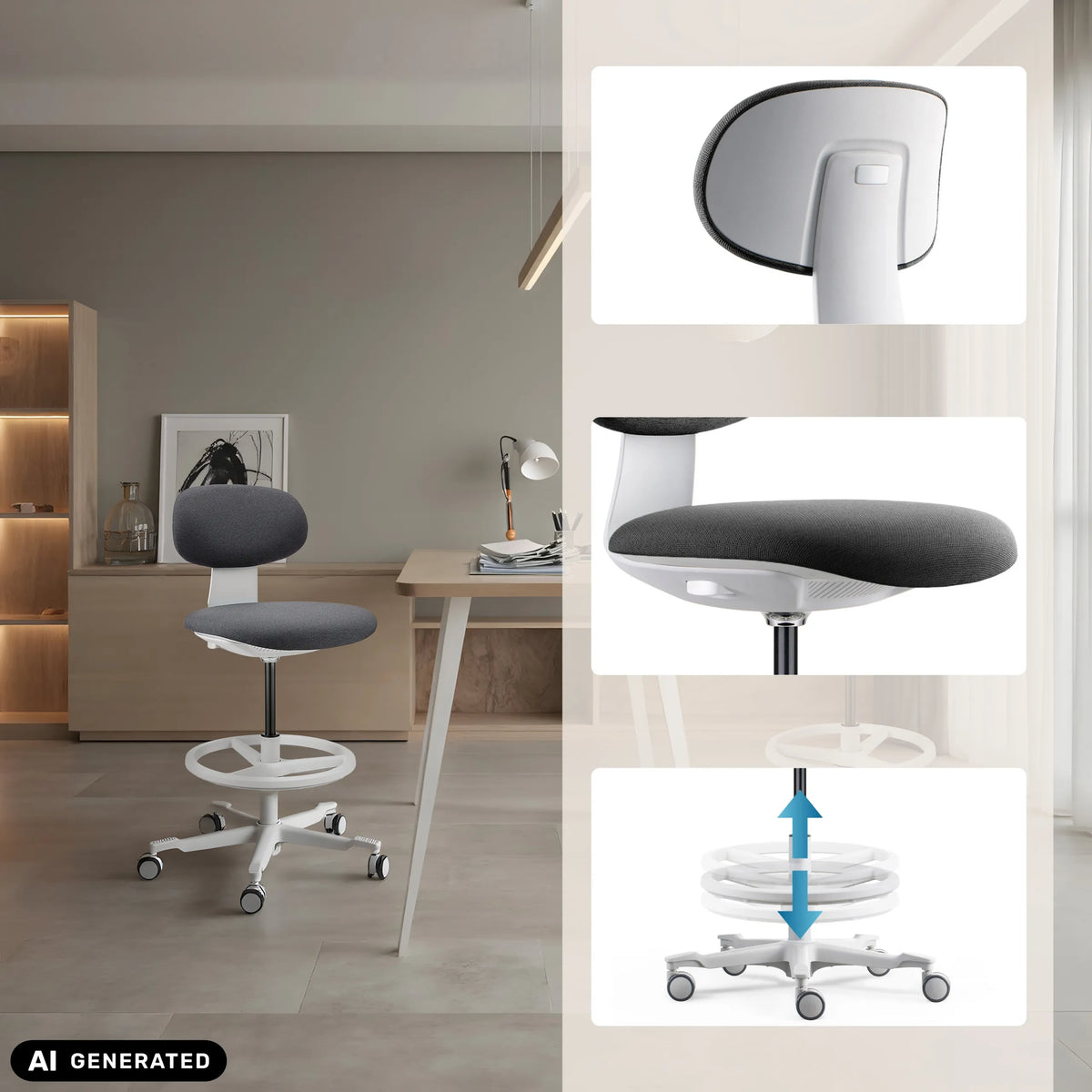 Height adjustment and foot ring of the WORK MF2 W work chair in dark grey by hjh OFFICE (AI-generated image)