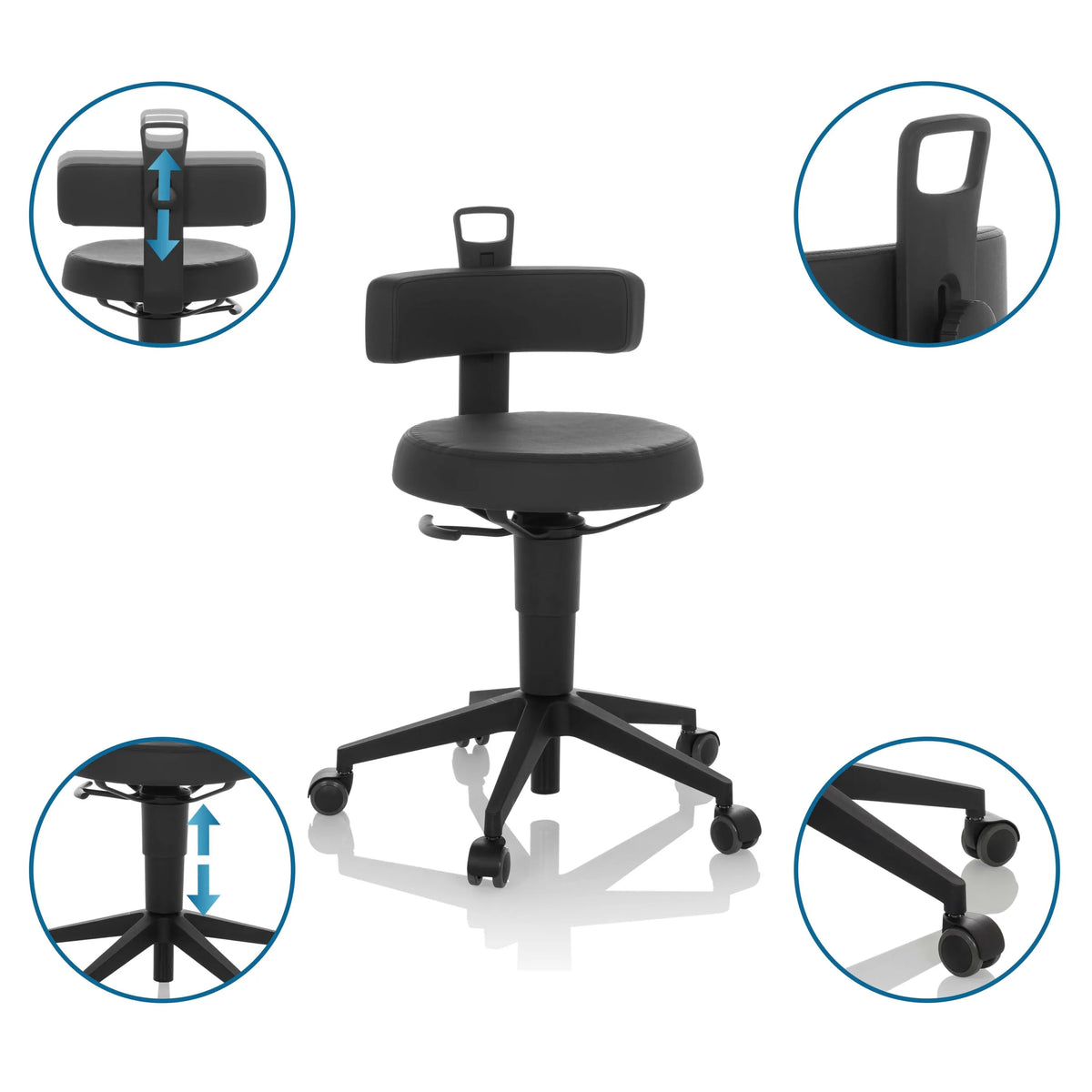 Black faux leather swivel stool TOP WORK FLEX PU with height-adjustable backrest and castors by hjh OFFICE