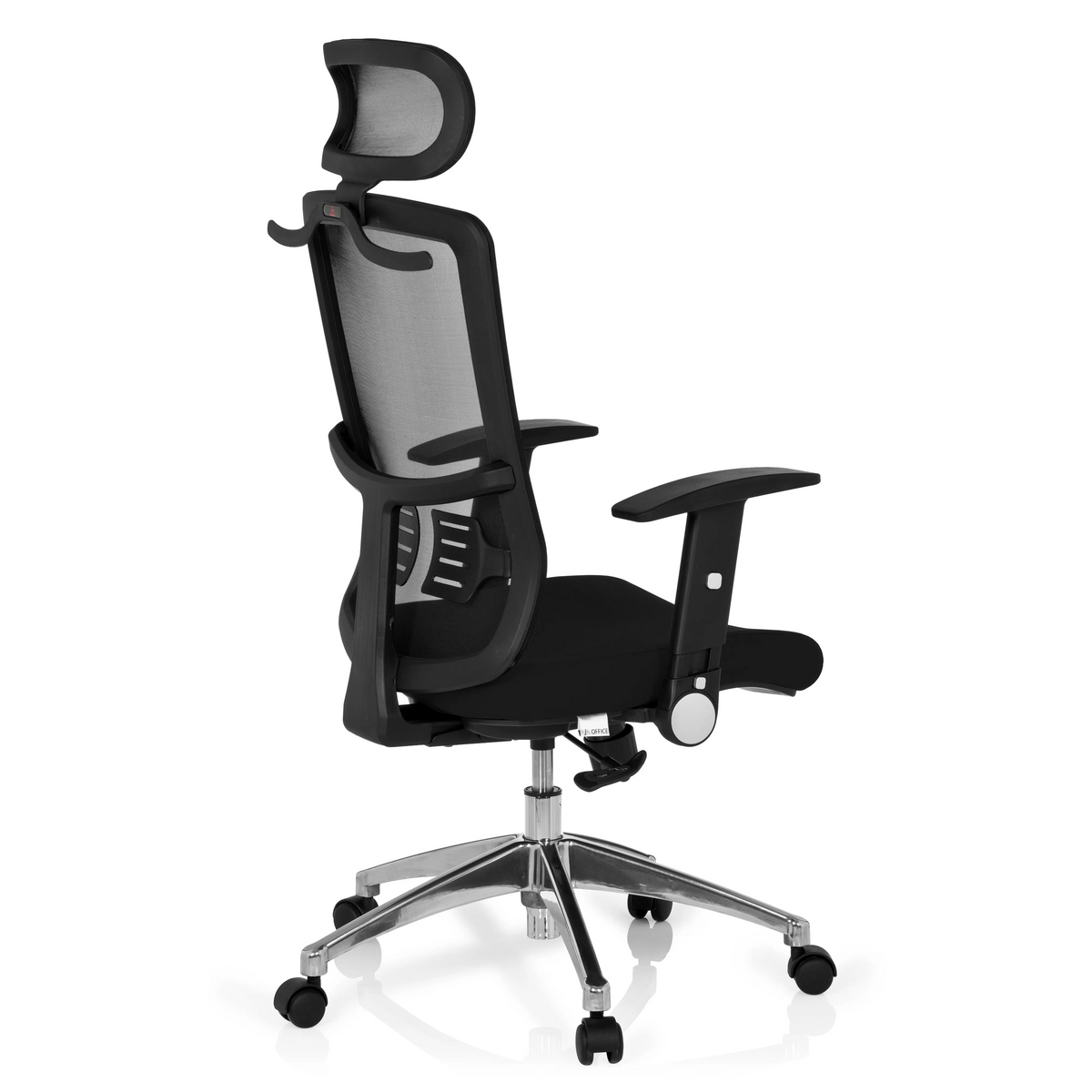 Black Professional Office Chair CAYEN with mesh back, headrest and five-caster base by hjh OFFICE – 360-degree view (rear three-quarter view 120°)
