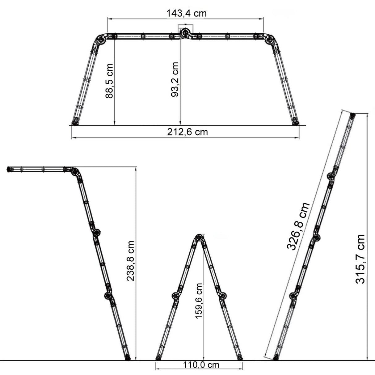 Technical drawing of the Folding Ladder SOLID W3 with a width of 212.6 cm by hjh OFFICE