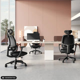 Three black RI-COVER professional office chairs at a desk by hjh OFFICE (AI-generated image)