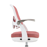 Side view of the Kiddy Smart Step children's swivel chair in pink with a white frame and grey armrest by hjh OFFICE