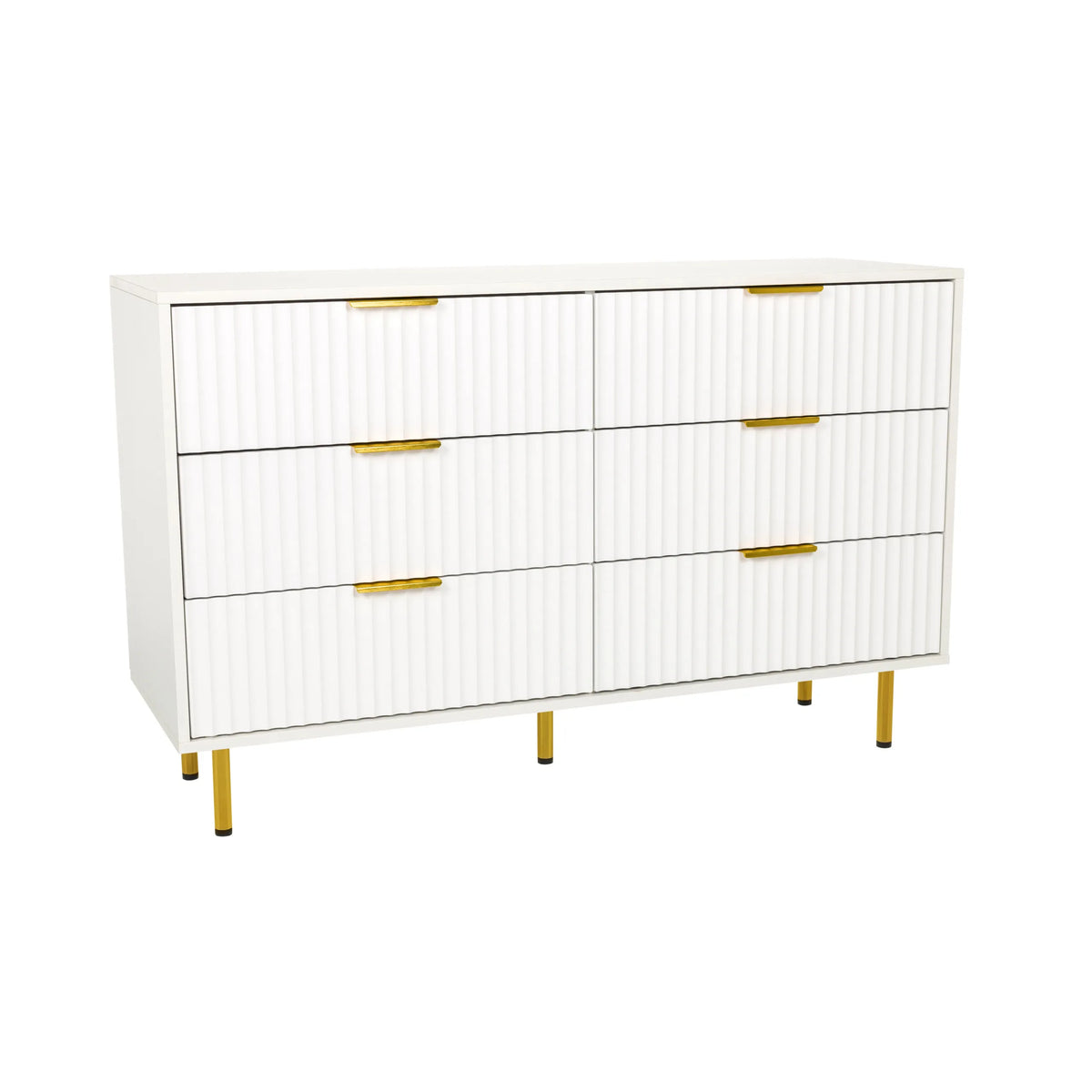 White Sideboard HJELLE with six drawers, ribbed fronts and golden legs by hjh LIVING – 360-degree view (front view 15°)