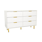 White Sideboard HJELLE with six drawers, ribbed fronts and golden legs by hjh LIVING – 360-degree view (front view 15°)