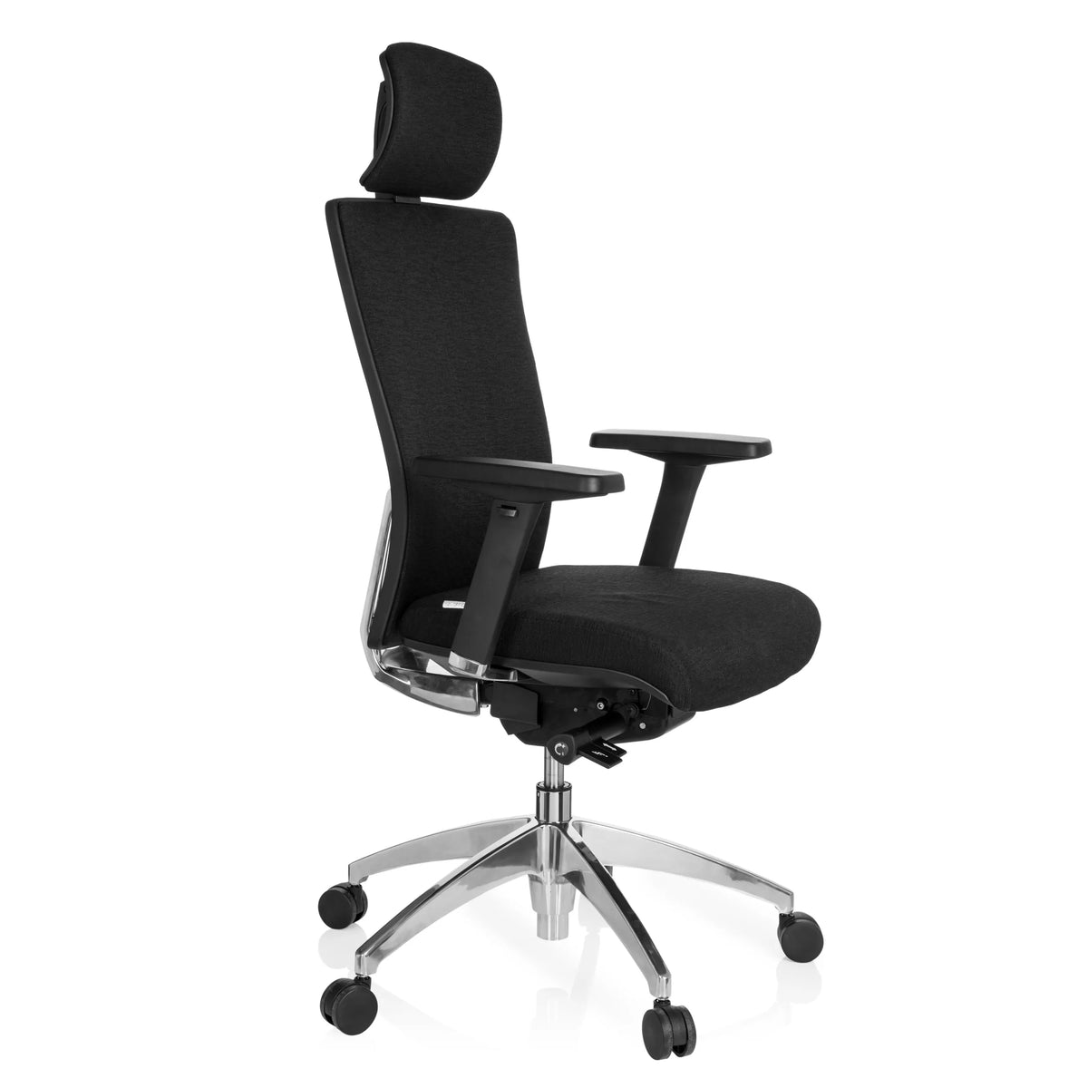 Black Professional Office Chair ASTRA LUX with headrest, armrests and five-caster base by hjh OFFICE – 360-degree view (front three-quarter view 60°)