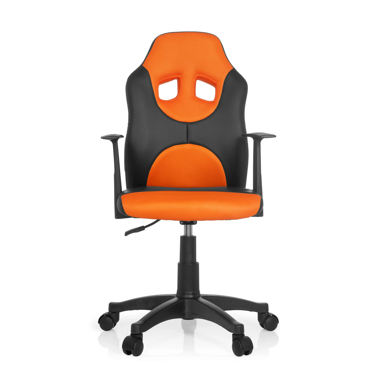 Black and orange Swivel Chair – Children KID GAME AL with mesh back and five-caster base by hjh OFFICE – 360-degree view (front view 0°)
