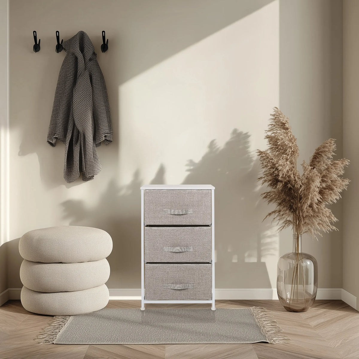Grey Chest of drawers FOLDRESS M with three fabric drawers and white frame by hjh LIVING