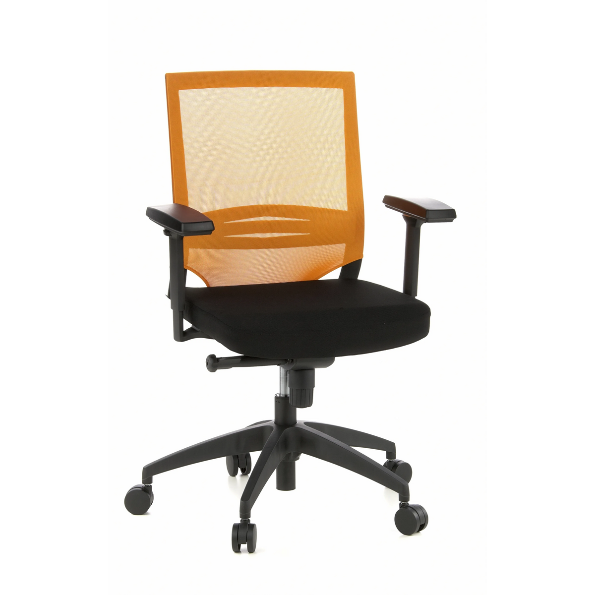 Black and orange Professional Office Chair PORTO BASE with mesh back and five-caster base by hjh OFFICE – 360-degree view (front view 20°)