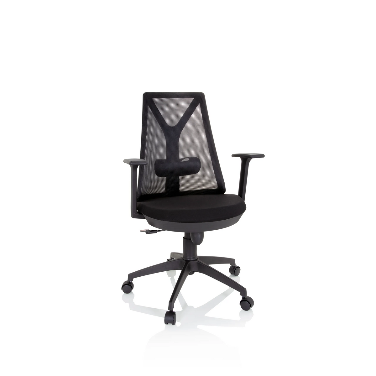 Black Home Office Chair FALUN BASIC with mesh back and five-caster base by hjh OFFICE – 360-degree view (front view 20°)