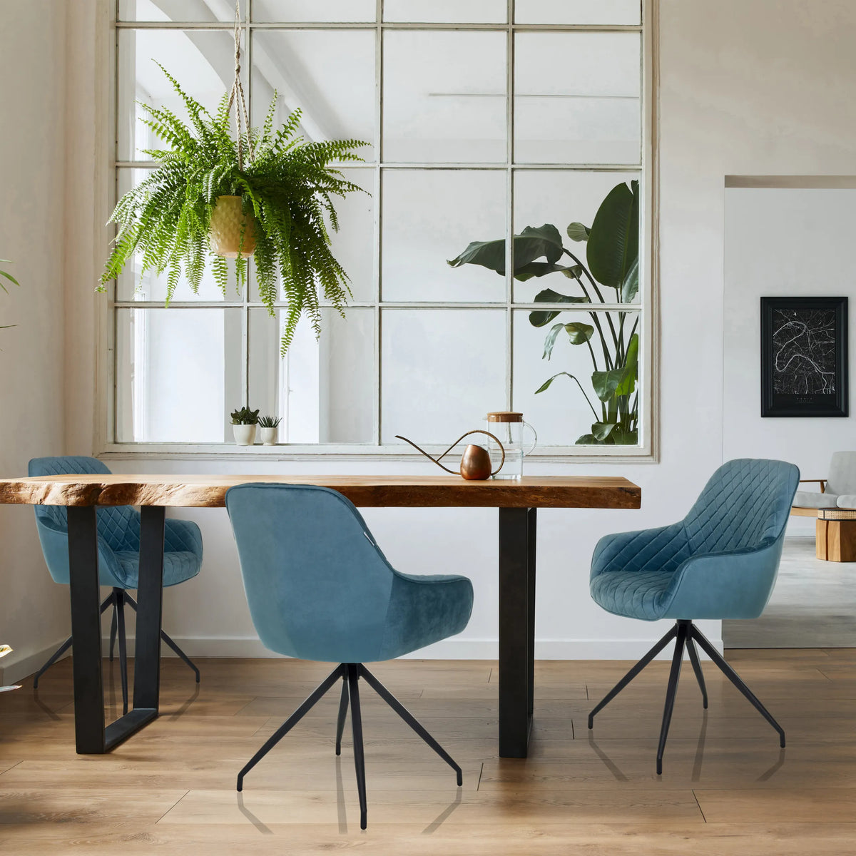 Blue-grey upholstered chairs ELVERUM with quilted seat and black metal legs by hjh LIVING