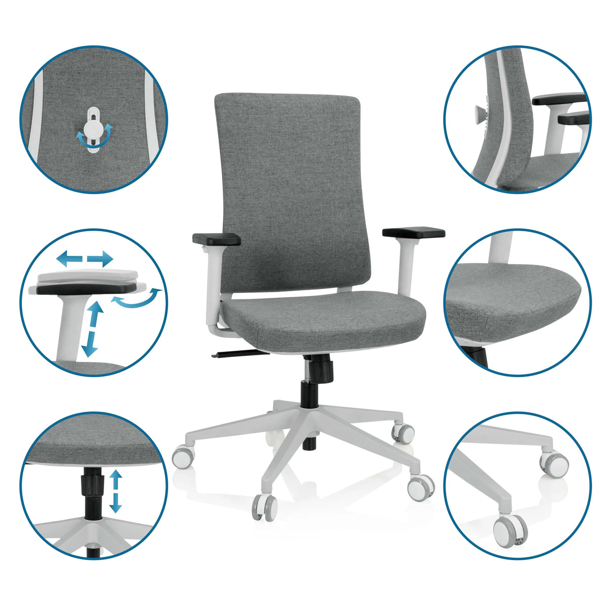 Professional Office Chair COMFIO WP in grey with detailed views of the adjustable functions and castors by hjh OFFICE