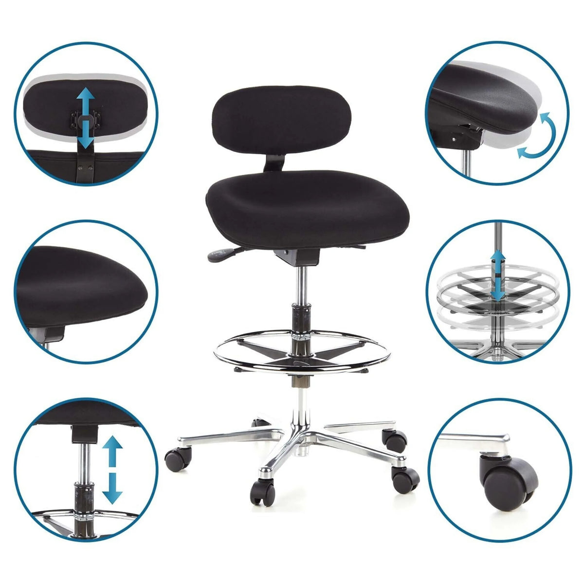 Height-adjustable WORK MF counter chair in black with foot ring and headrest by hjh OFFICE