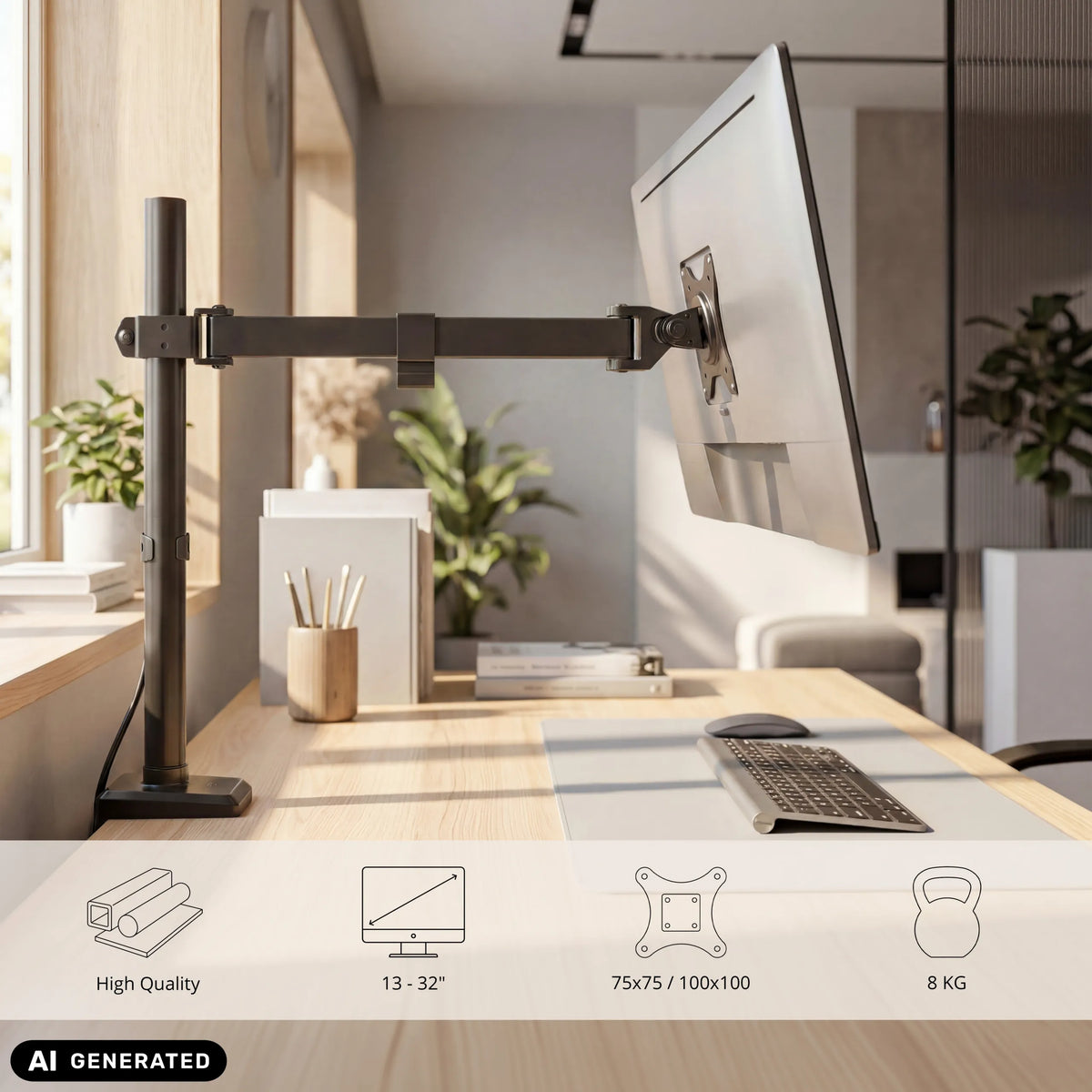 Black Ergomount M1 monitor mount for screens up to 32 inches and 8 kg by hjh OFFICE (AI-generated image)