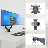 Two monitors on a black Ergomount GF2 monitor mount including detailed views of the joints by hjh OFFICE