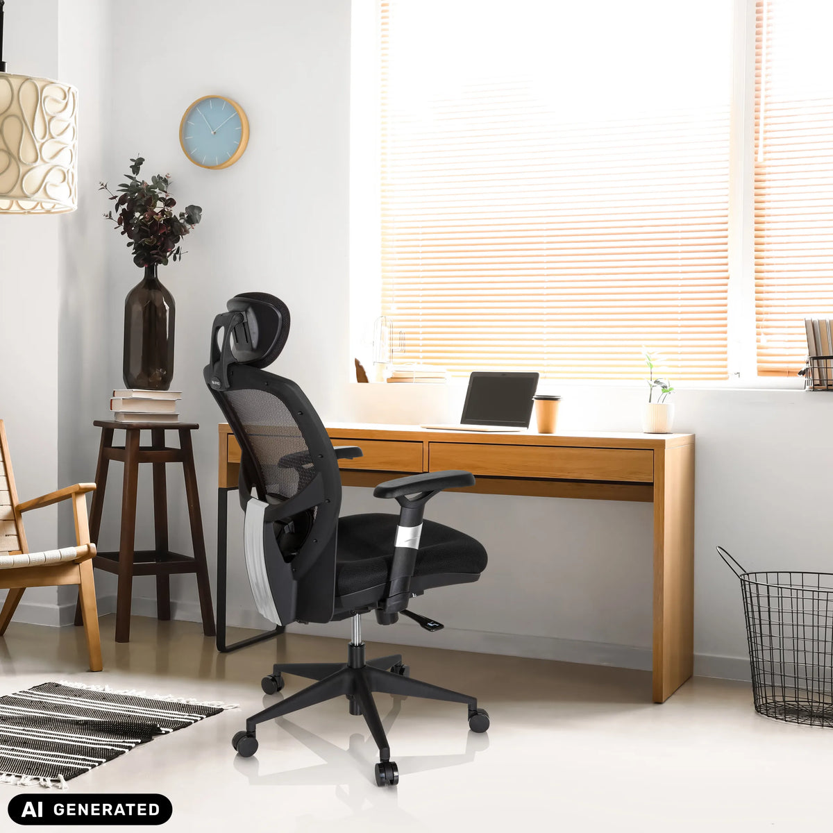 Black high end office chair VENUS BASE with mesh backrest and headrest in a home office by hjh OFFICE (AI-generated image)