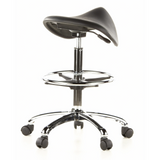 Black Saddle stool TOP WORK 13 with foot ring and five-caster base by hjh OFFICE – 360-degree view (rear three-quarter view 140°)