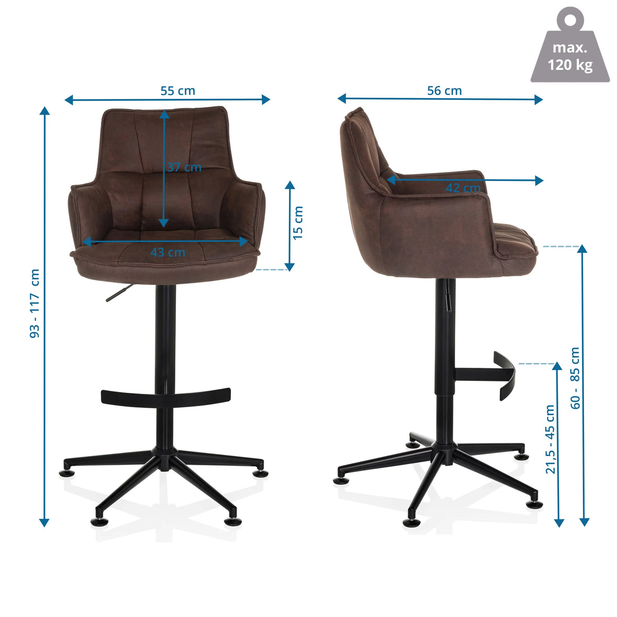 Dimensional drawing of the Bar stool SOLAO LIFE HIGH with a total height of 93-117 cm by hjh LIVING
