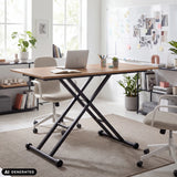 Worktime Lift desk in oak and black with X-shaped frame and castors by hjh OFFICE