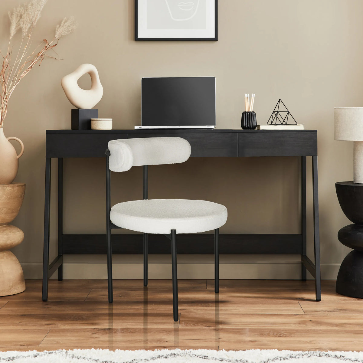 White upholstered chair TEDIO with black metal legs at a desk by hjh OFFICE
